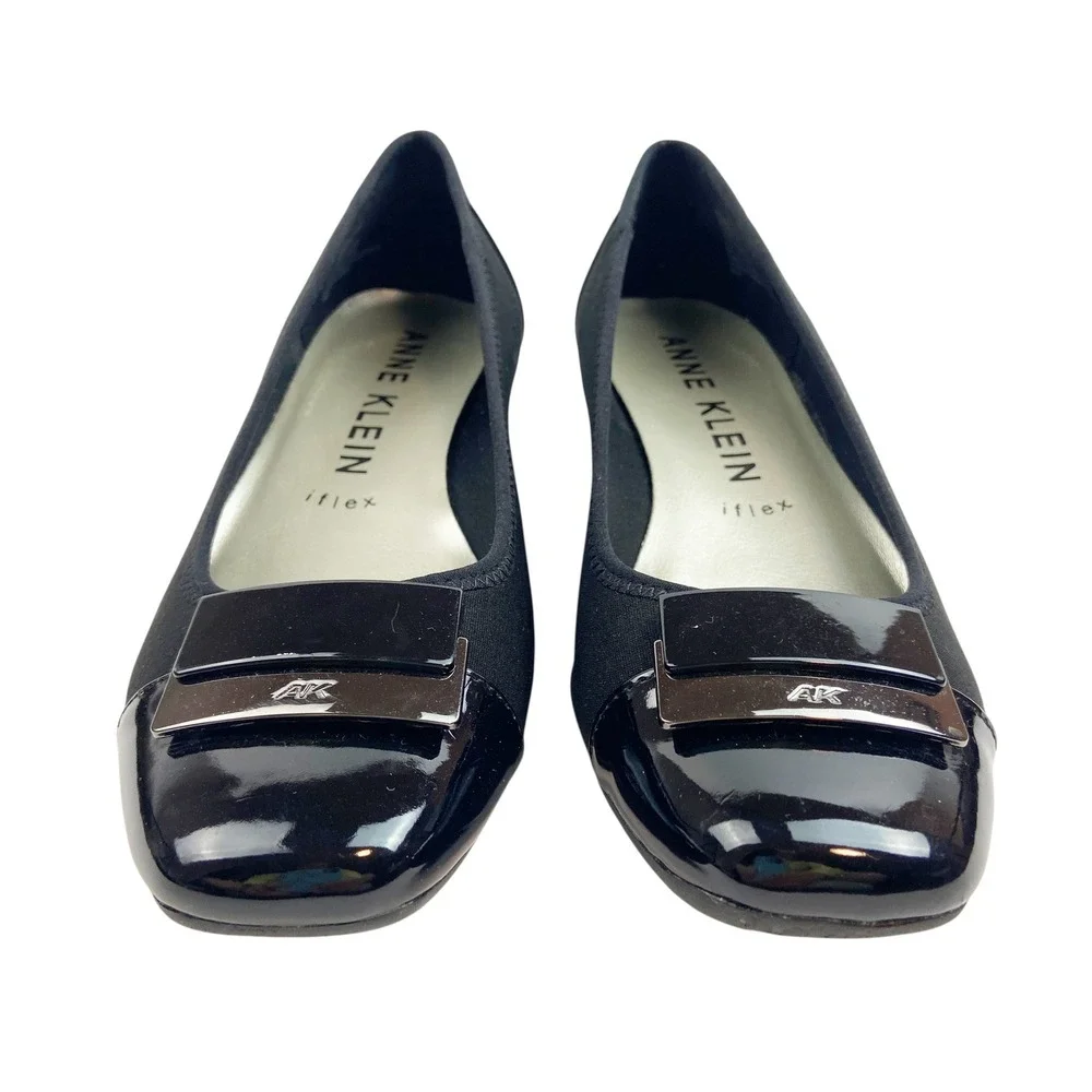 Anne Klein‎ iFlex Black Fabric Patent Cap Toe Wedge Heels WAVERLY Womens 7.5M